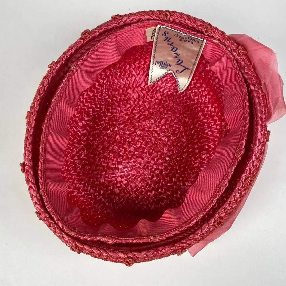 Vintage Lazarus Paris Pink Straw Raffia Hat Sheer Ribbon & Bow Accent Millinery